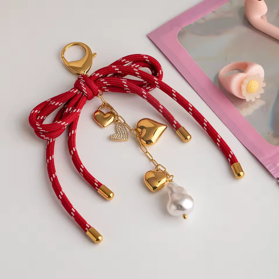 Bow Pearl Heart Bag Charm